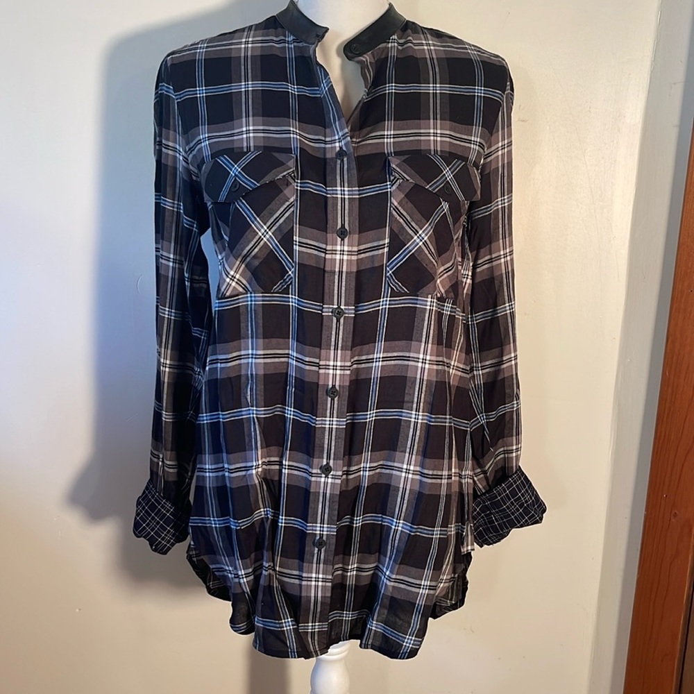 Vince Plaid Blouse with Leather Collar